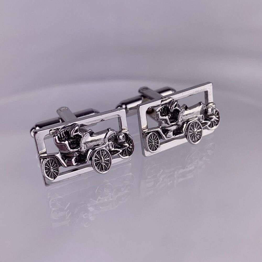Model T Antique Car Buggy Silver Tone Cufflinks Shields Vintage K1